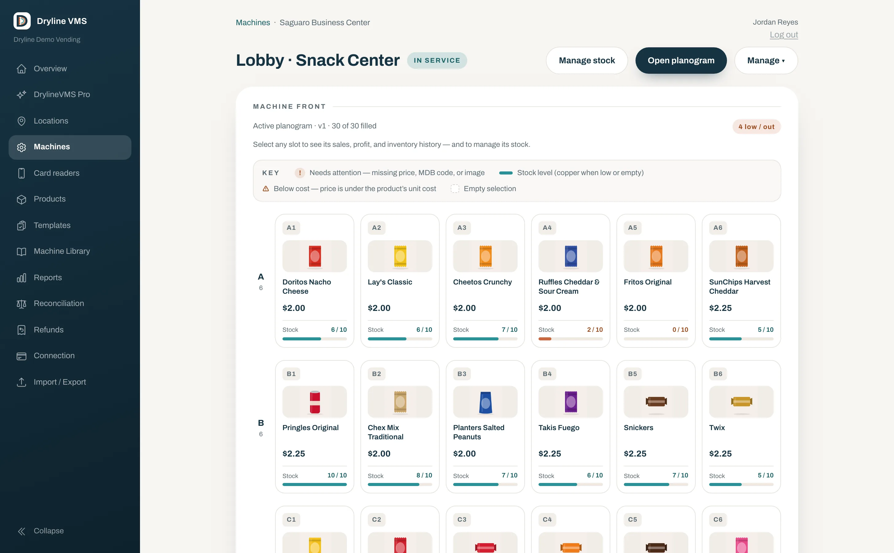 A vending machine front in Dryline VMS: thirty slots with product art, prices, and stock levels, the low and empty ones flagged